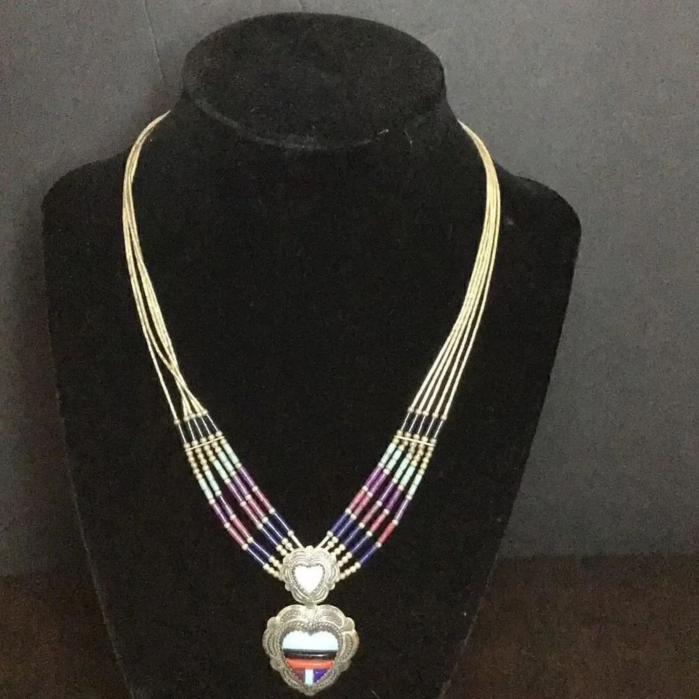 Necklace Vintage multistrand, Multicolor bead and heart sterling silver ￼